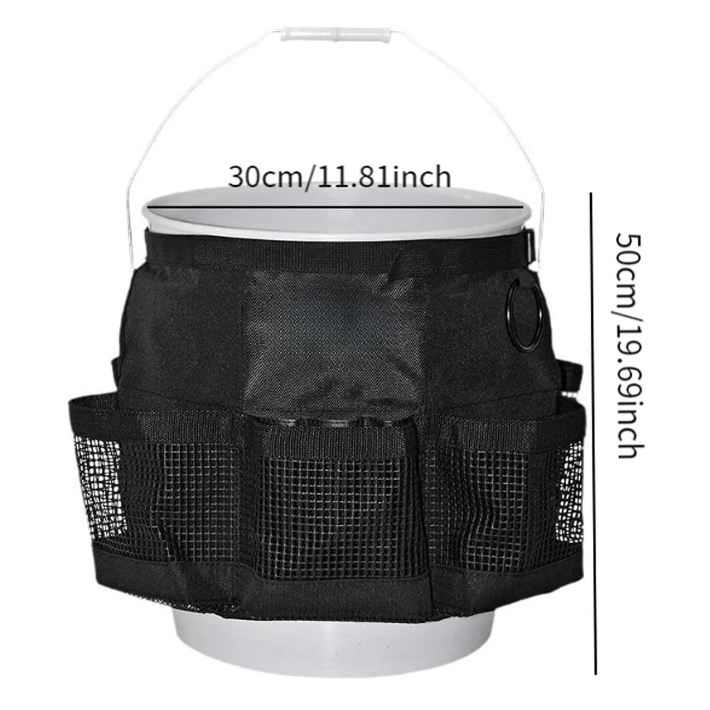 Black cylindrical polyester storage bag fitted onto a 5-gallon bucket for holding car wash tools and fishing gear.