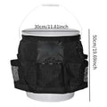 Black cylindrical polyester storage bag fitted onto a 5-gallon bucket for holding car wash tools and fishing gear.