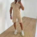 Men's short sleeve two-piece suit set in polyester, shown in white, khaki, and light blue, sizes S to XXXL