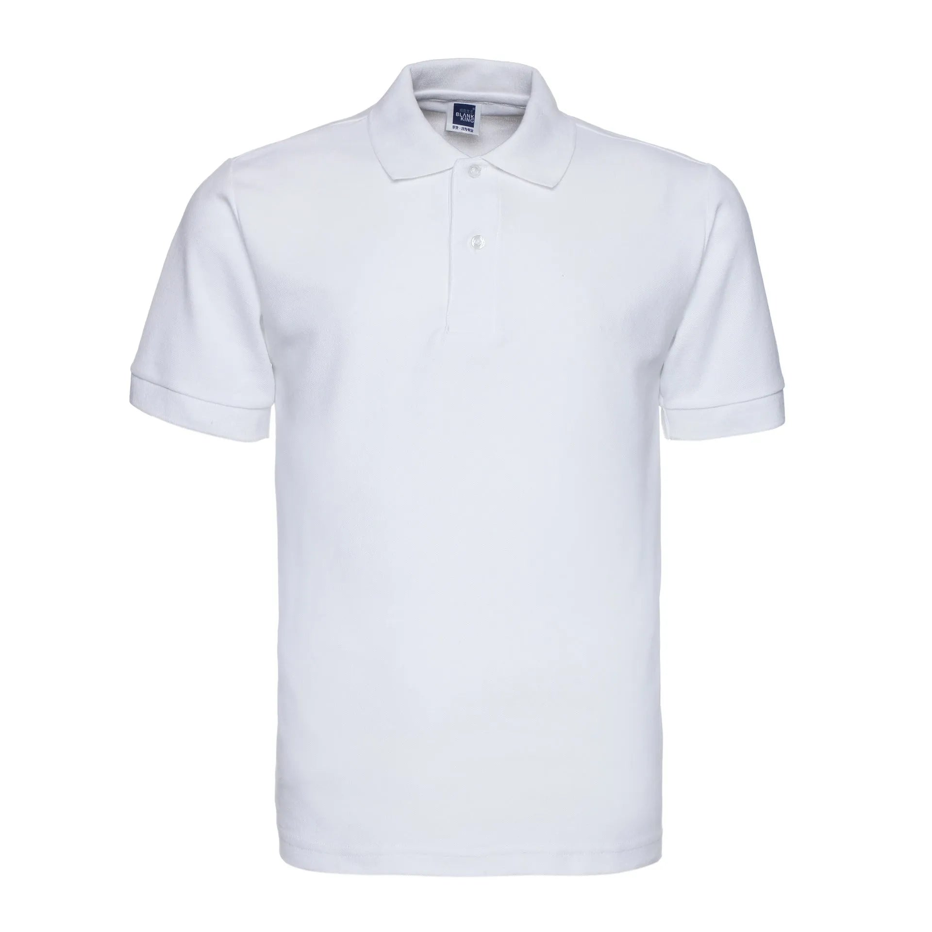 Loose-fitting plus size short sleeve polo shirt in a solid colour on a hanger.