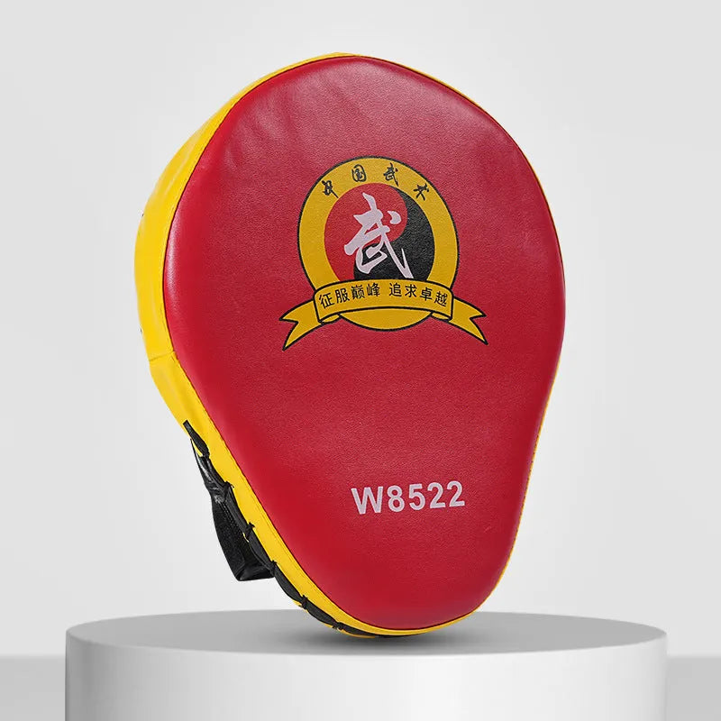 PU leather boxing punch mitts for martial arts training in red, black, blue, and yellow colour options.