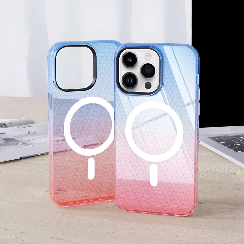 Magnetic TPU phone case with honeycomb pattern, drop-resistant all-inclusive cover for iPhone models.