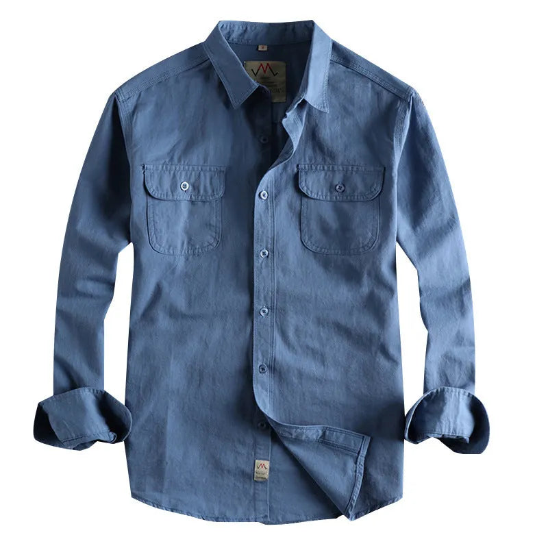 Men's solid colour cotton long sleeve button-down shirt in light blue on hanger