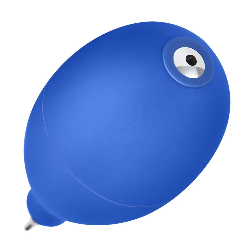 Blue handheld rubber dust removal blower tool for cleaning cameras and phones on a white background.