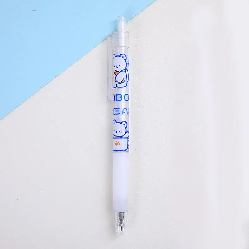 Set of six colourful bear and bunny character press pen knives on a white background.