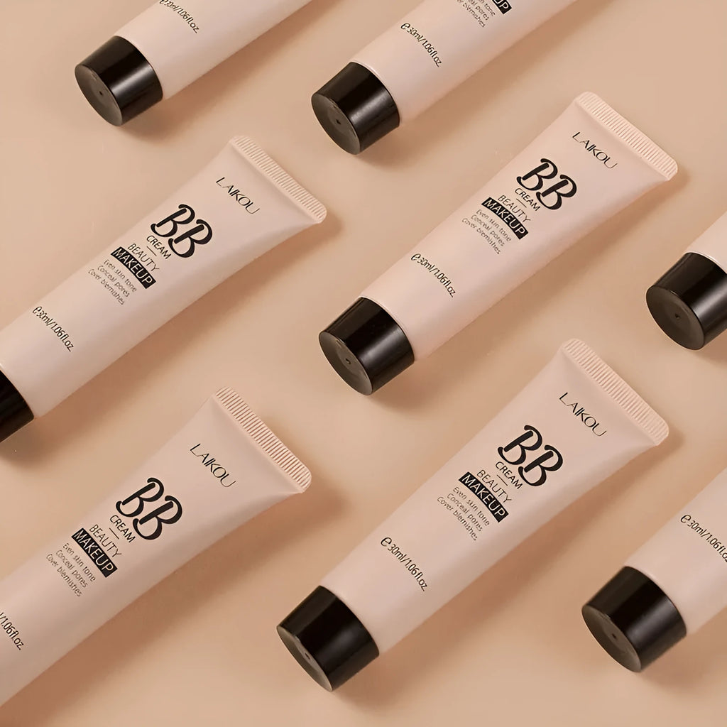 30ml bottle of BB cream showing nine shade options from light ivory to dark brown.