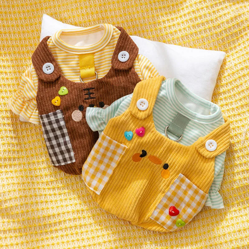 Two-legged dog overalls suit in polyester, shown in Rock Yellow Chicken and Lomi Brown Tiger, sizes XS to XXL for autumn and winter pet clothing.