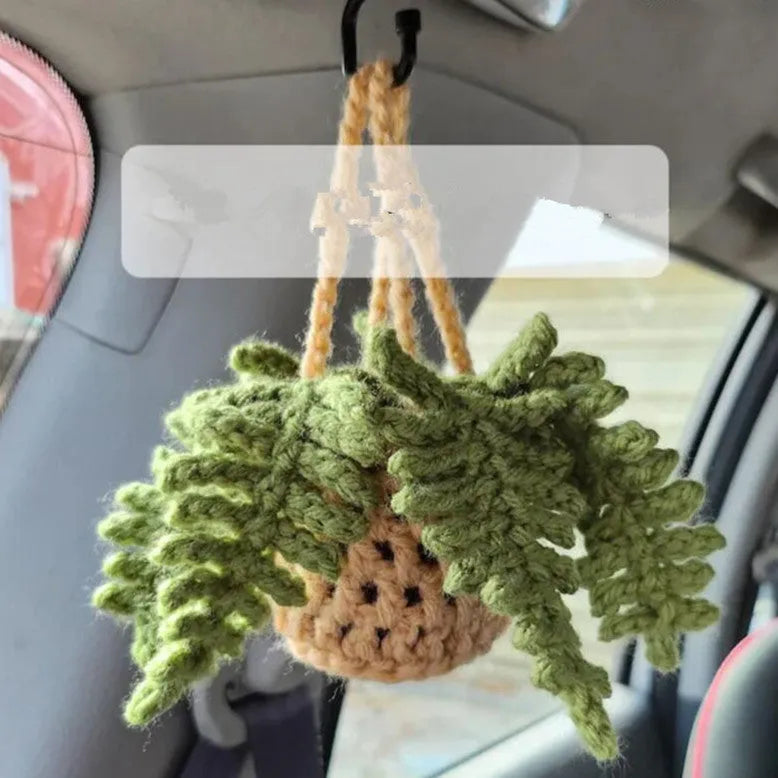 Green and white knitted wool macramé car air plant holder with hanging cord