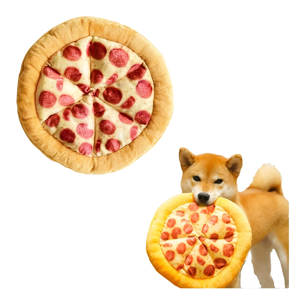 Yellow pizza slice shaped dog chew toy with teddy bear fabric and squeaker for small dogs