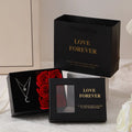 Red Korean style gift box open to show six pink soap flowers, with a matching handbag, for Valentine's Day.