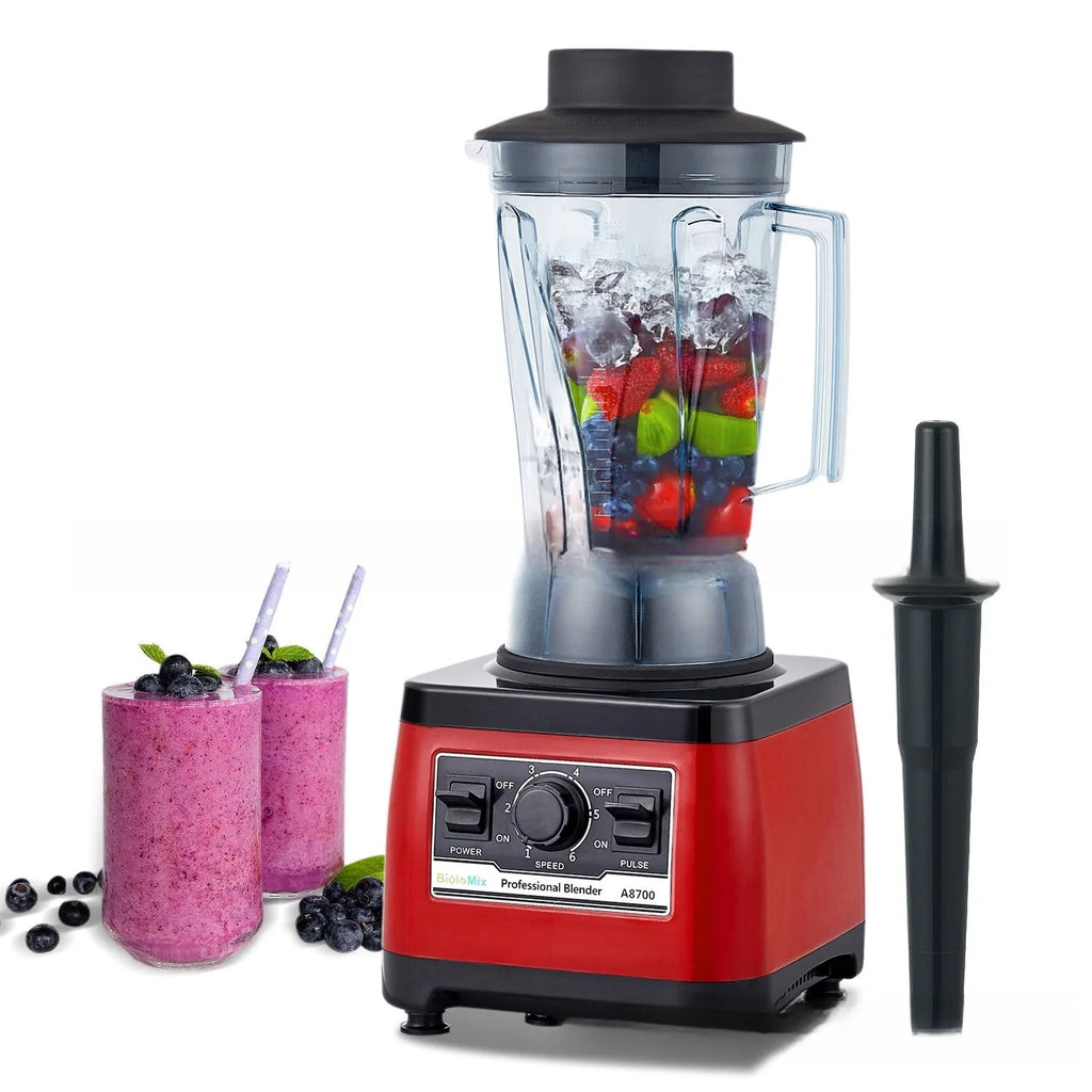 Red commercial blender with industrial design and 2200W motor for professional kitchens