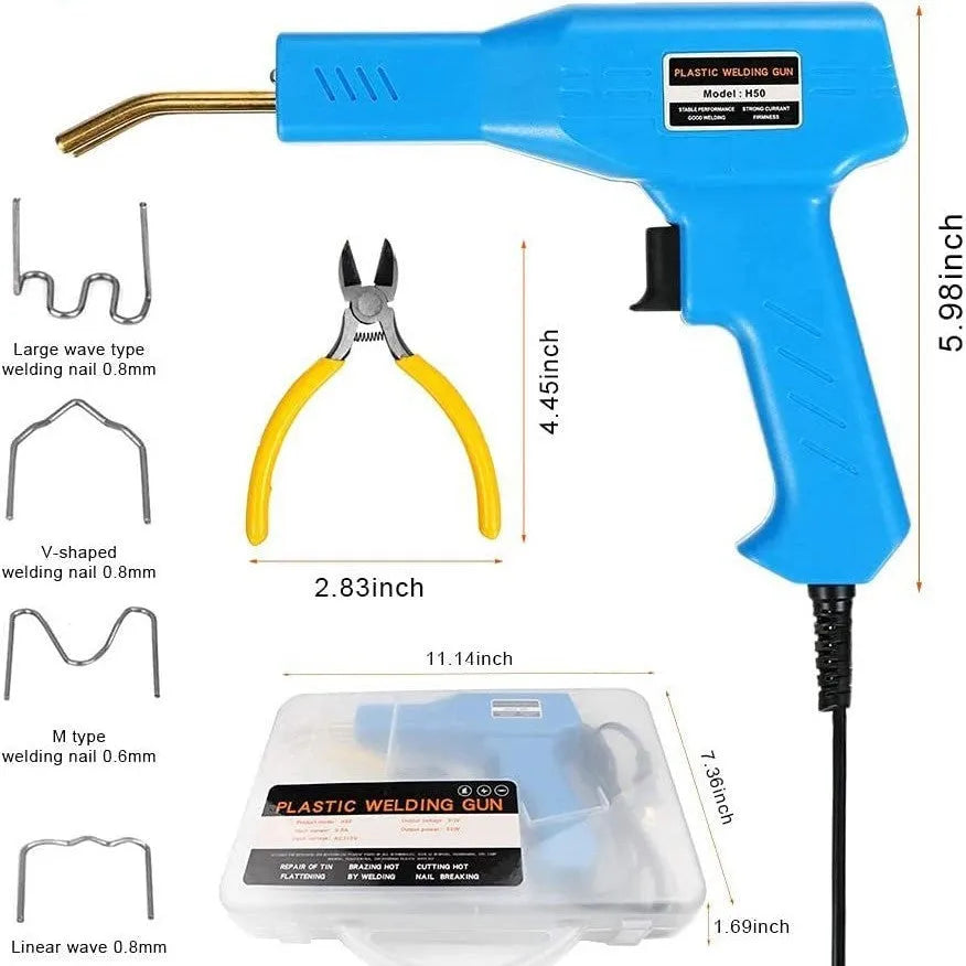 Red plastic welding gun host with pure copper transformer, 4 types of nails, pliers knife and black plastic box for bumper repair
