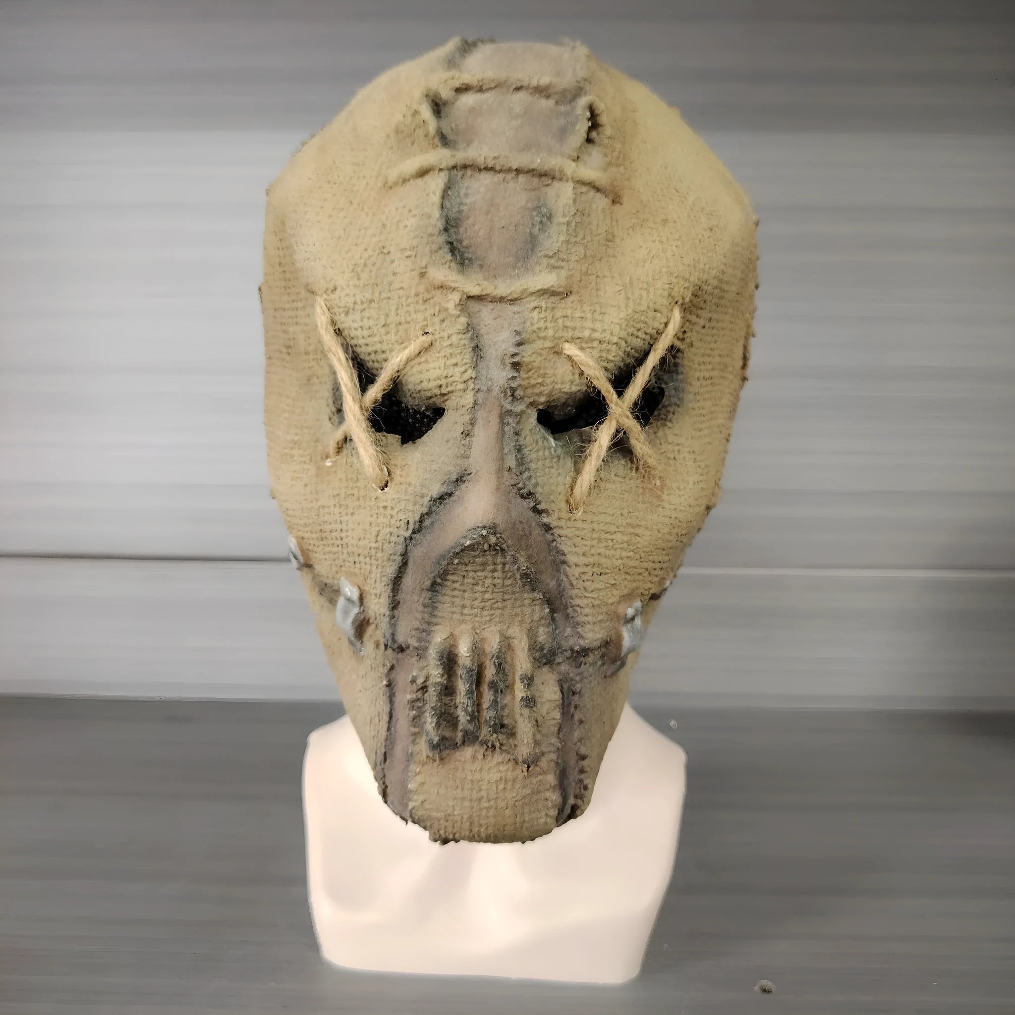 Latex horror mask with scar skull design covering full head, dimensions 31cm by 25cm