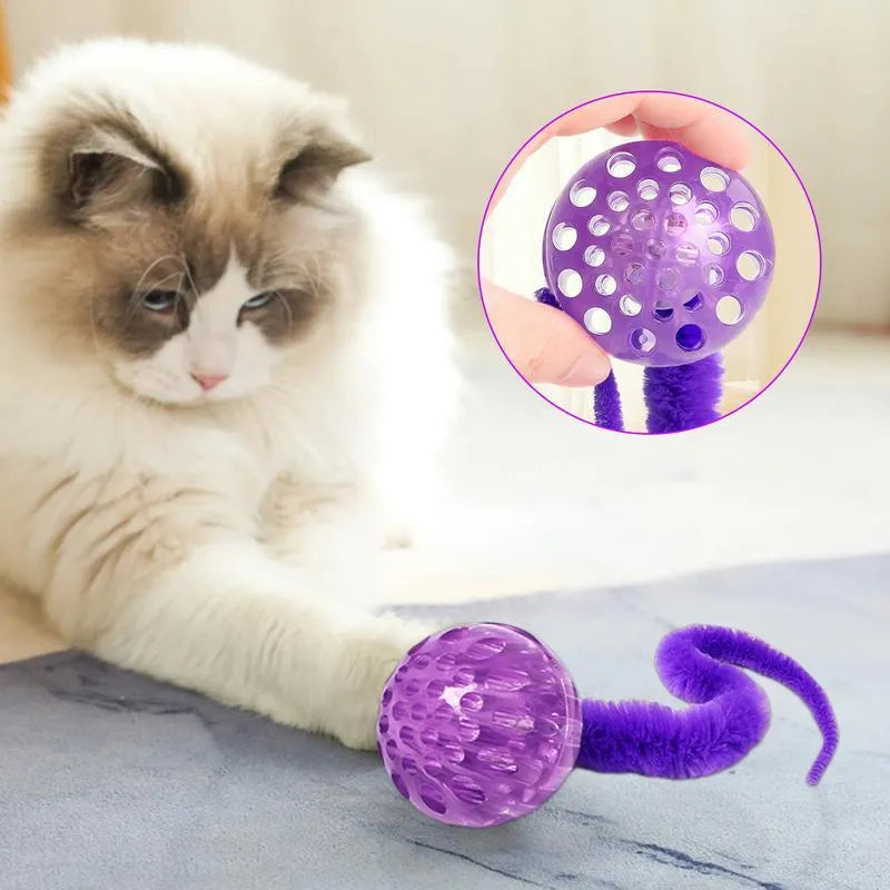 Interactive cat ball toy with bouncy TPR ball and plush worm tail in green colour