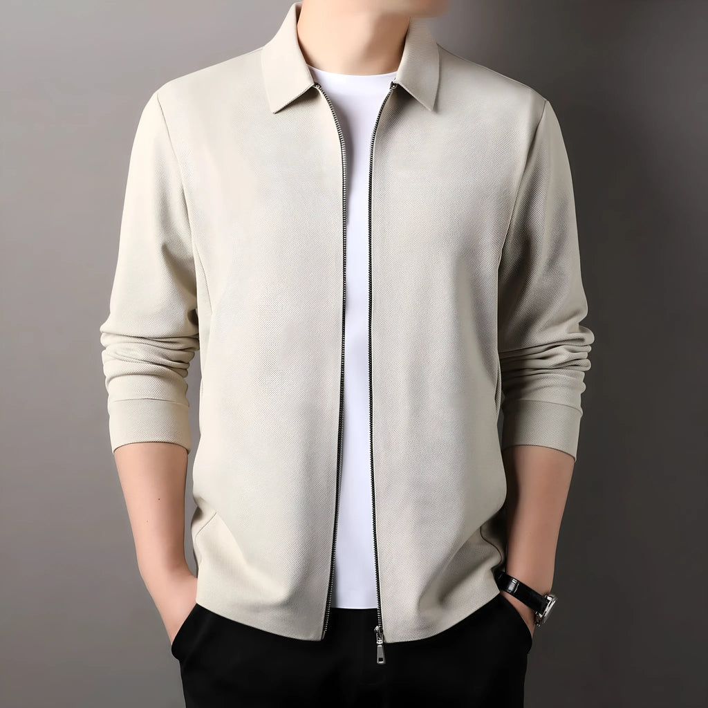 Men's polyester business casual jacket in black, dark grey or apricot with long sleeves and straight hem.