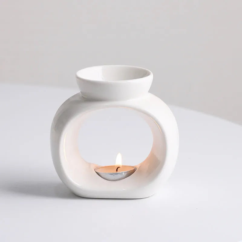 White Nordic style ceramic aromatherapy stove ornament with single colour glaze finish