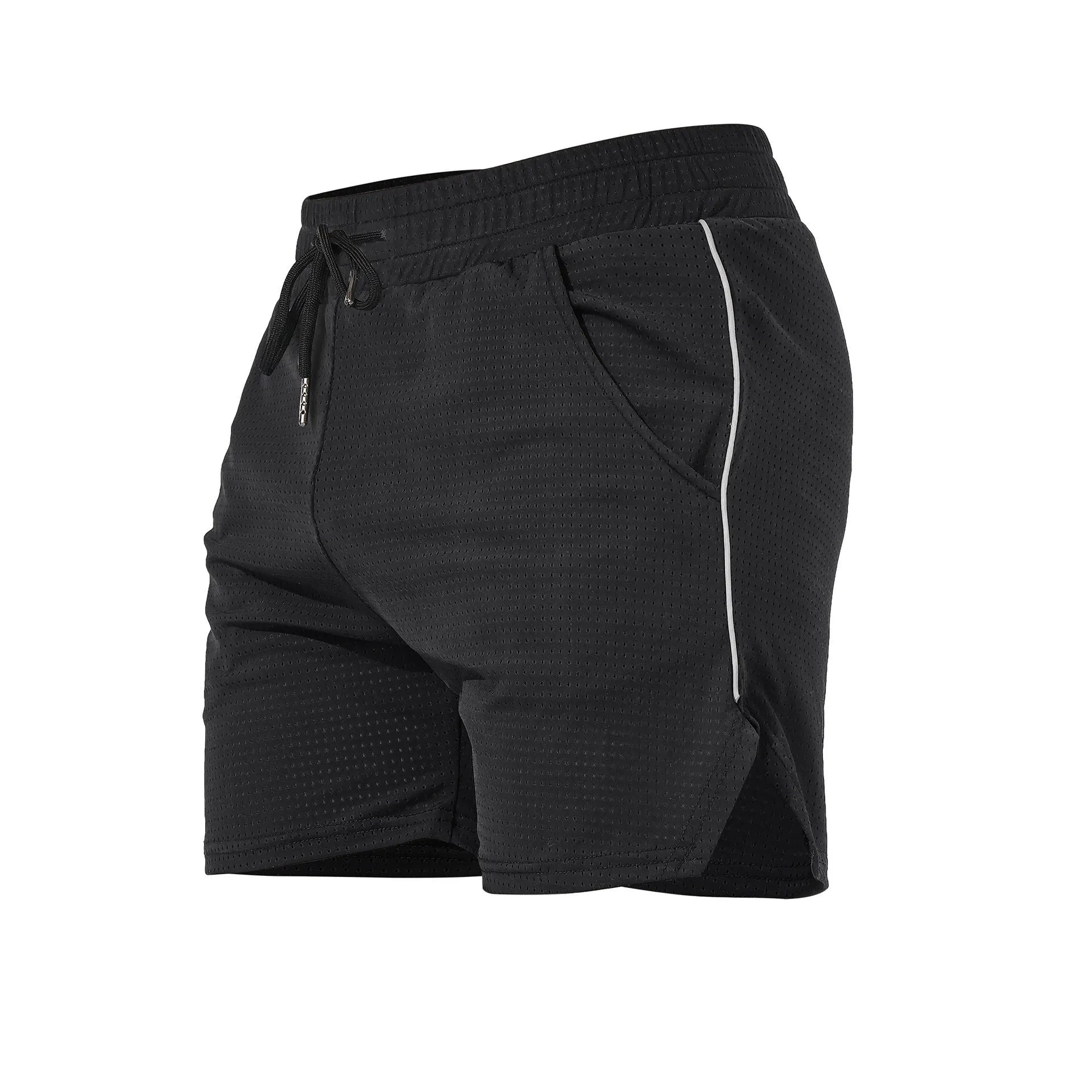 Men's straight cut polyester fitness shorts in black, shown in a sports style.