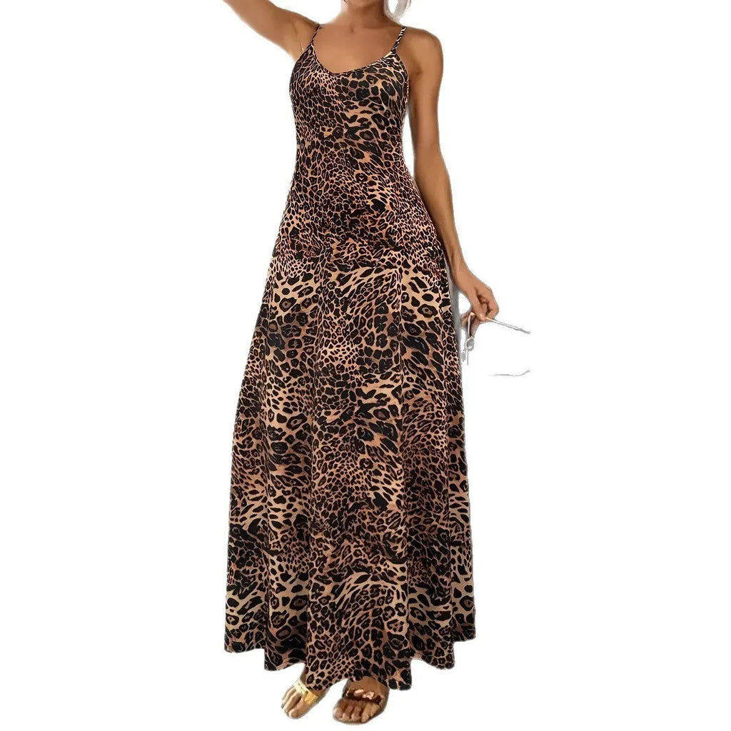 Dark brown leopard print casual sleeveless dress with long skirt and sling straps.