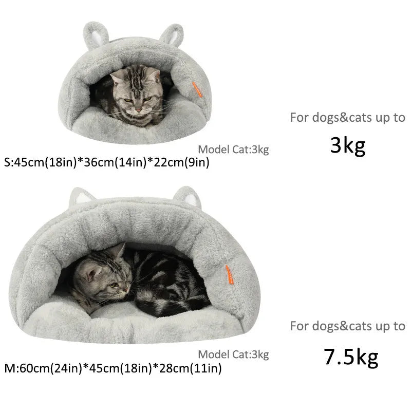 Soft cozy pet cave bed in beige, blue, or grey, sizes M 60x48x28cm and S 45x36x22cm for dogs, cats, and kittens