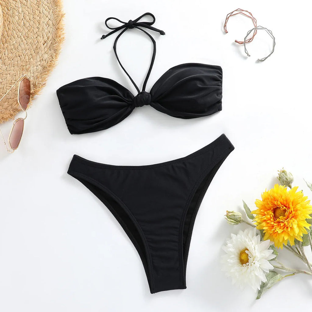 Black polyester women's bikini set with lace-up tube top and matching split briefs