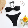 Black polyester women's bikini set with lace-up tube top and matching split briefs