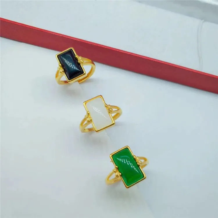 Adjustable brass gold-plated ring with electroplated artificial gemstone inlay in national style design