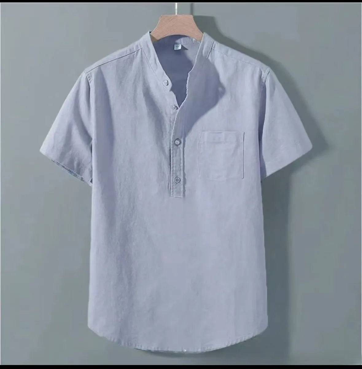 Men's loose-fit solid colour slub linen short sleeve shirt with stand collar