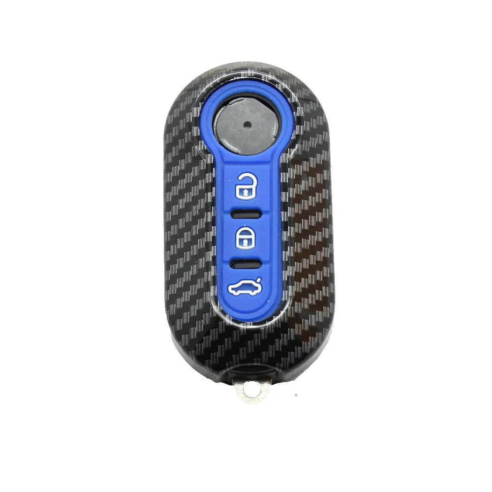 Fiat 500 Boyue carbon fibre pattern ABS remote key case in black, red, and dark blue