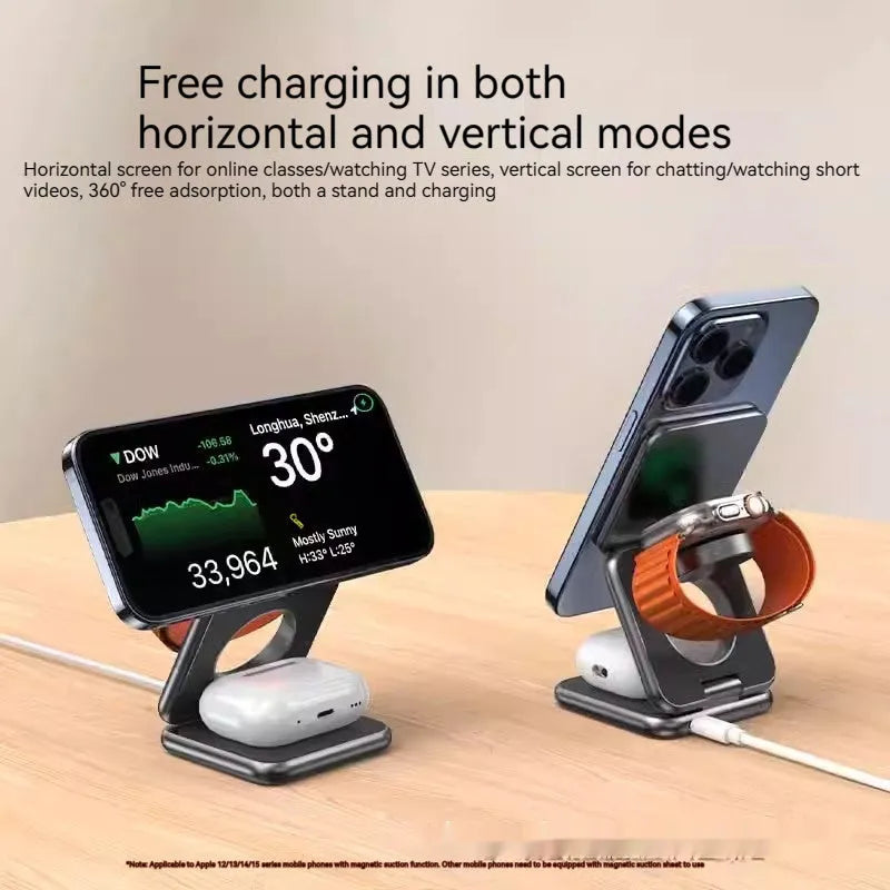 White foldable magnetic wireless charging phone holder showing adjustable stand with phone attached