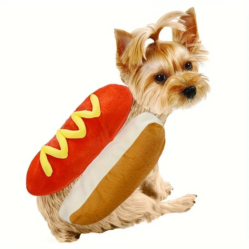 Brown and beige hot dog costume on a small dog, showing plush bun, sausage, and fabric mustard and ketchup toppings.