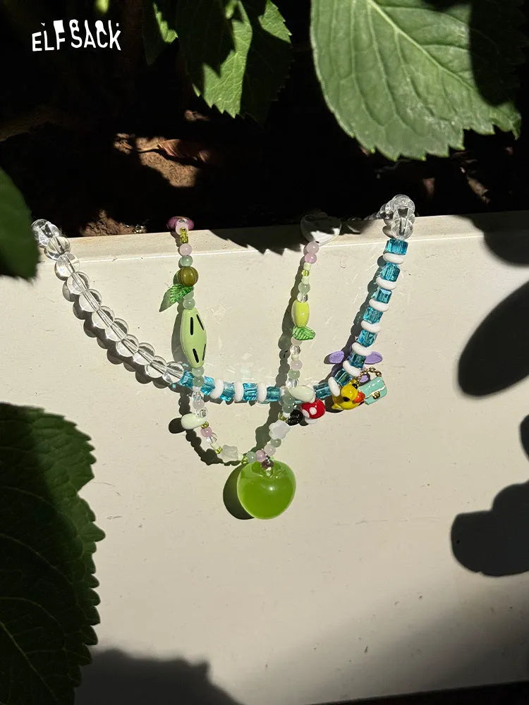 Beaded pendant necklace clavicle chain green apple green colour alloy resin colourful little flower option vacation style
