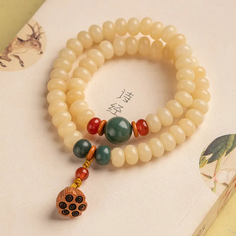 Cream Bodhi root wooden bracelet with 6 x 9mm flat round beads and double ring design for 15-20cm wrist