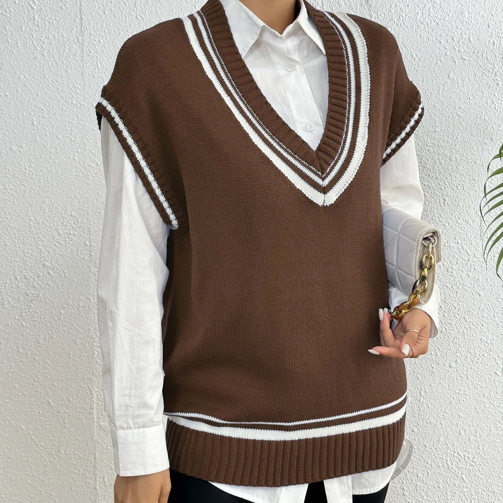 Women's blue college style acrylic polyester vest sweater with loose fit design