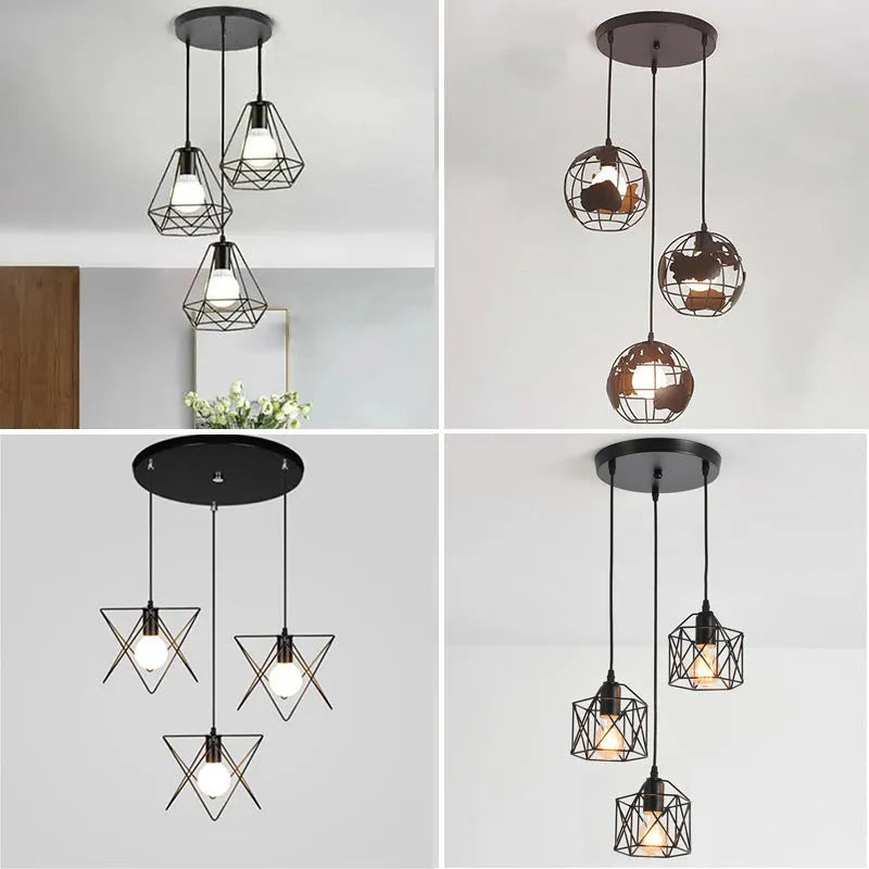 Iron droplight vintage 3 head assembled lamp for restaurant balcony retro H pattern disc ceiling light