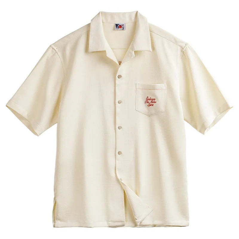 Men's light apricot bamboo pattern Cuban collar shirt with plant and flower designs
