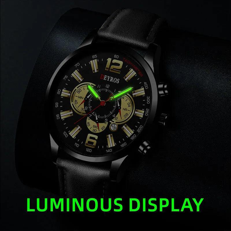 Fake three eye luminous sports watch with black ribbon strap and blue dial, 9mm thick, for men