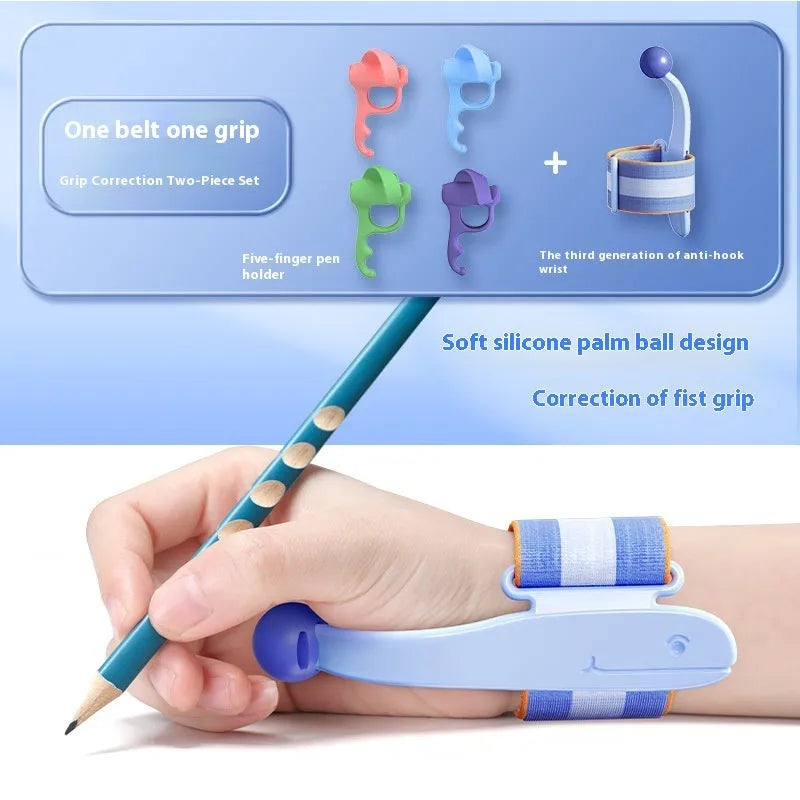 Blue and pink anti-hook pen holder corrector for writing posture training