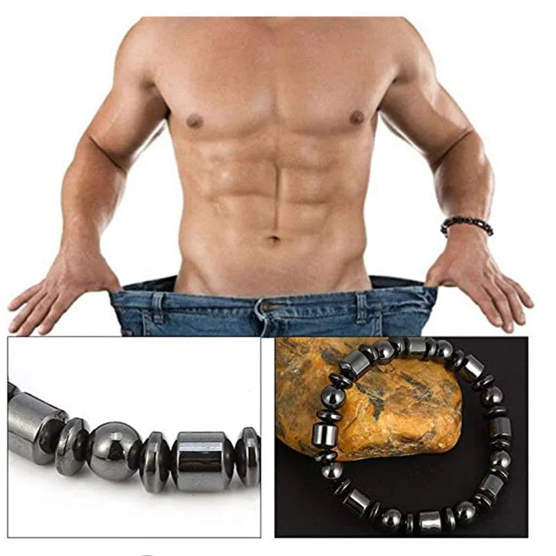 Black pentagram stone magnetic therapy bracelet with magnetite and hematite stretch design