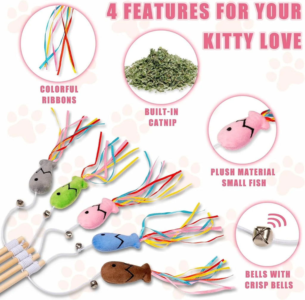 Colourful cat wand toy with ribbons, catnip fish, bell, and wooden handle.