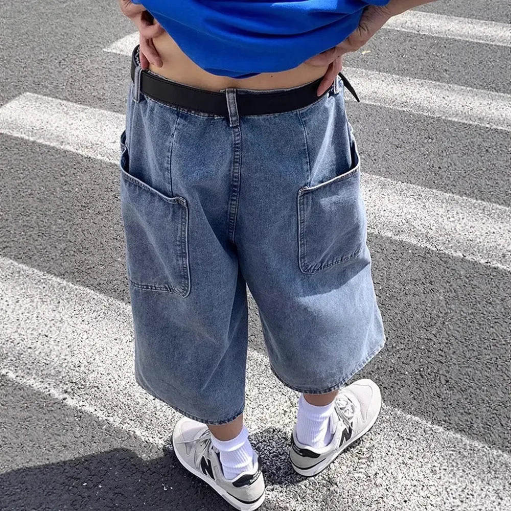 Men's blue washed denim pirate shorts with high waist and cropped straight leg