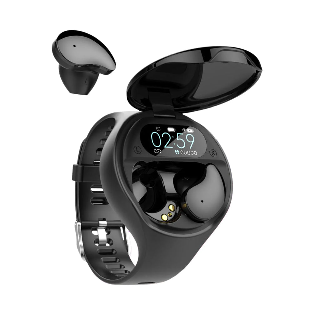Black smart fitness bracelet with detachable TWS Bluetooth earbuds on a wrist, showing a colour screen display.