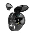 Black smart fitness bracelet with detachable TWS Bluetooth earbuds on a wrist, showing a colour screen display.