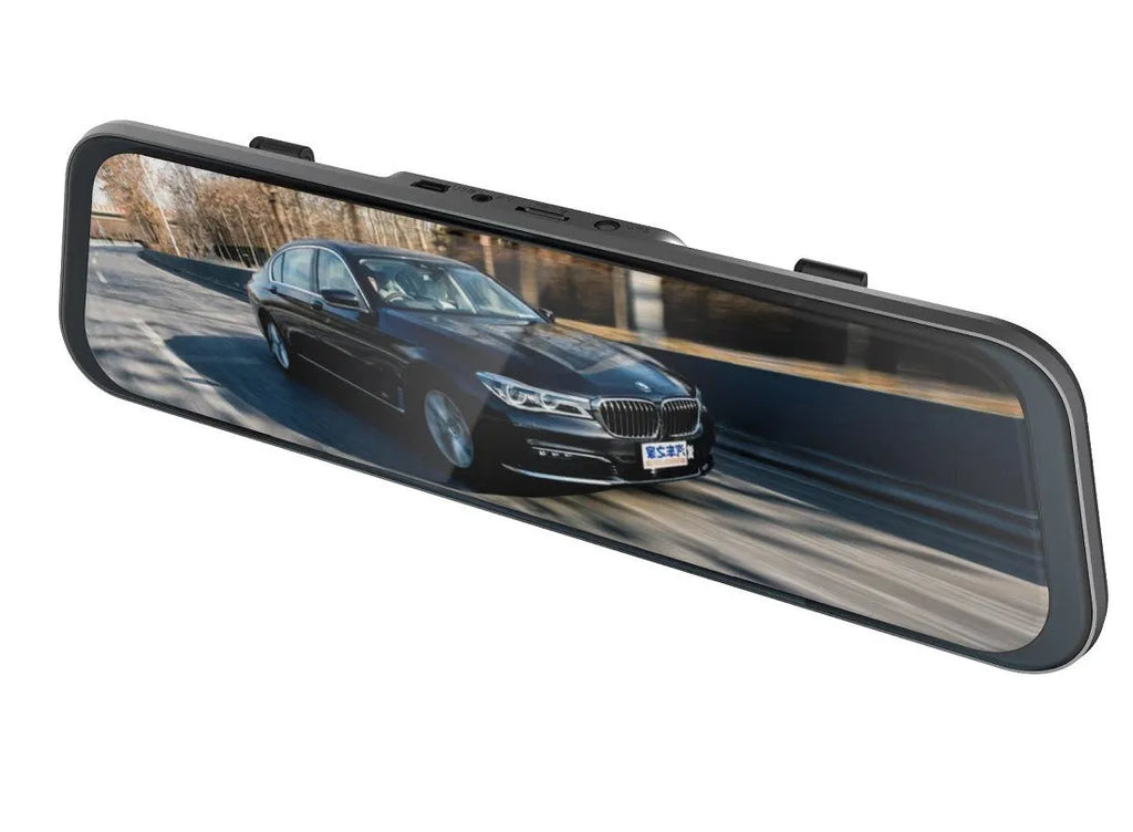 Black rearview mirror dash cam with 10-inch touch display showing road recording