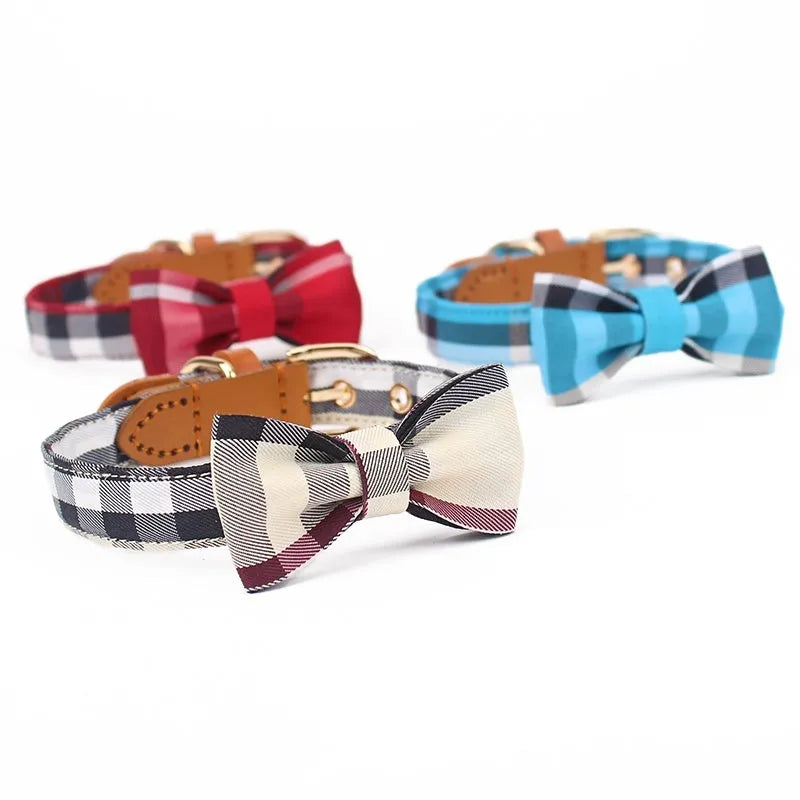 Pet tie collar with drawable mesh bow and leather stitching in Classic Khaki, Bordeaux Red or Rhine Blue, sizes XS M S