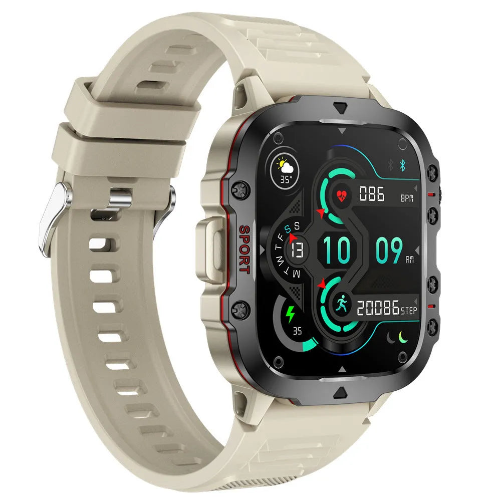 QX11 smart watch with TFT screen on wrist, showing black and khaki colour options with different strap styles.