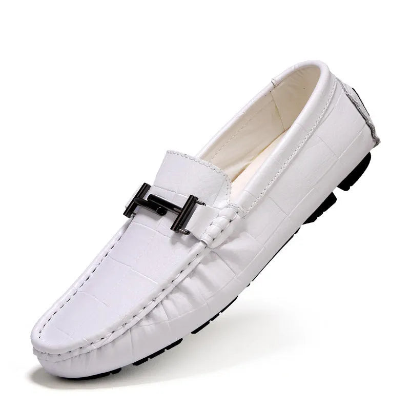 Men's black leather lace-up casual shoes with a flat rubber sole and buckle detail