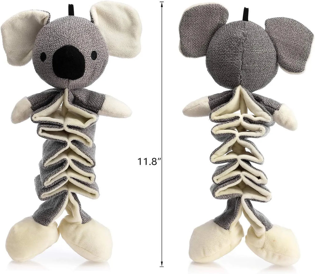 Gray koala-shaped dog chew toy measuring 30cm with durable cloth construction and crinkle paper inside