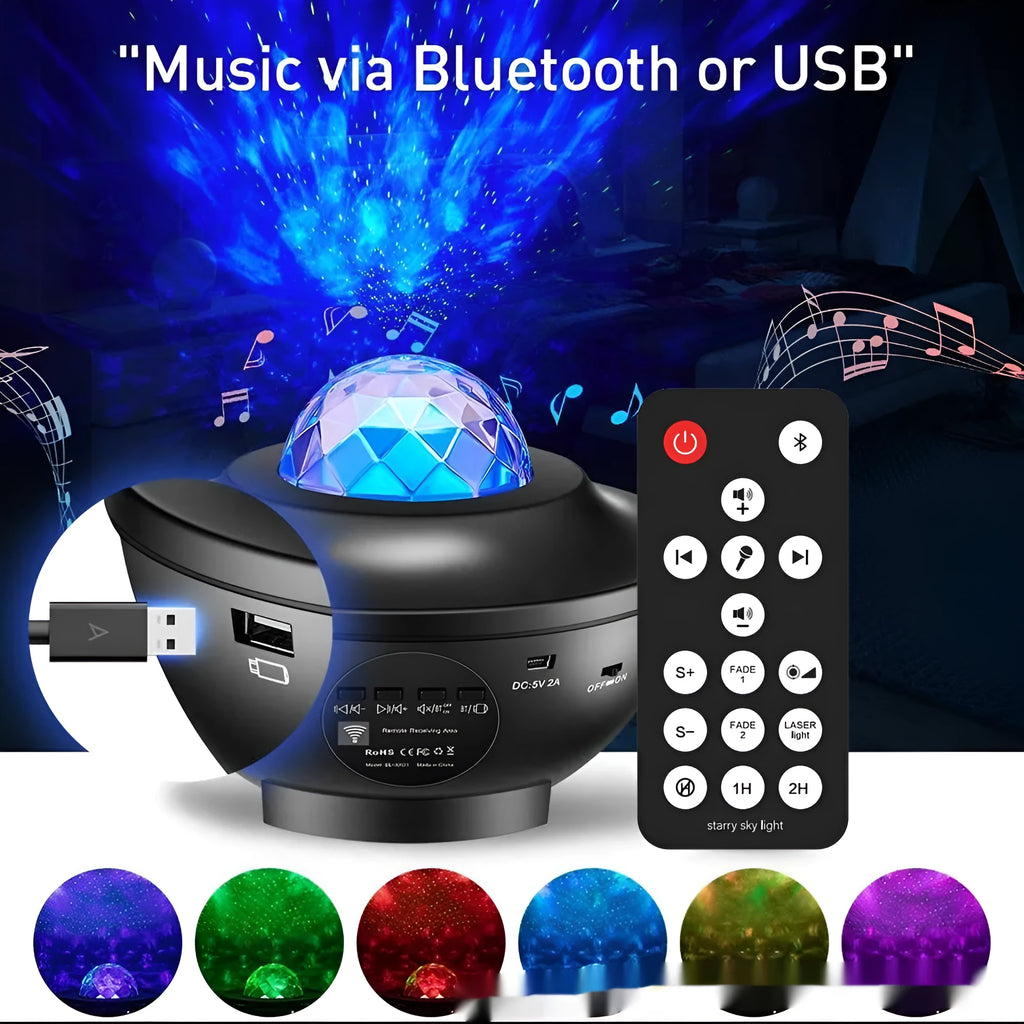 Small black bowl-shaped starry sky projection lamp with rotating water ripple laser patterns