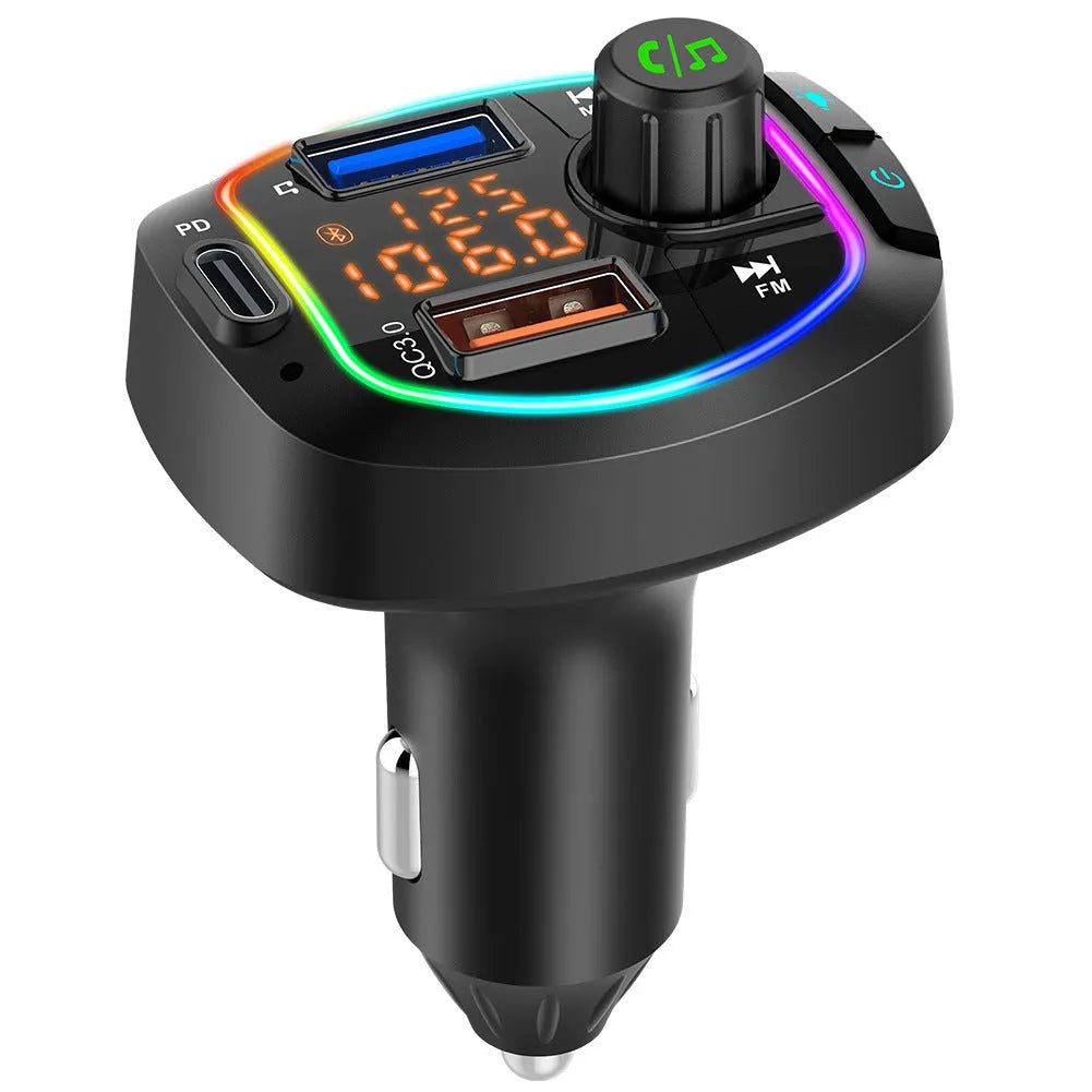 BC66 black car MP3 Bluetooth player with dual digital tube display, fast charging and seven-colour ambience light