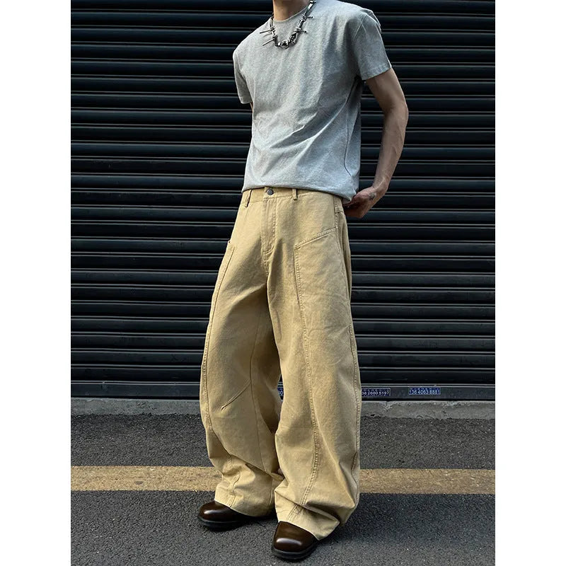 Men's khaki cotton straight-leg casual trousers in American retro style